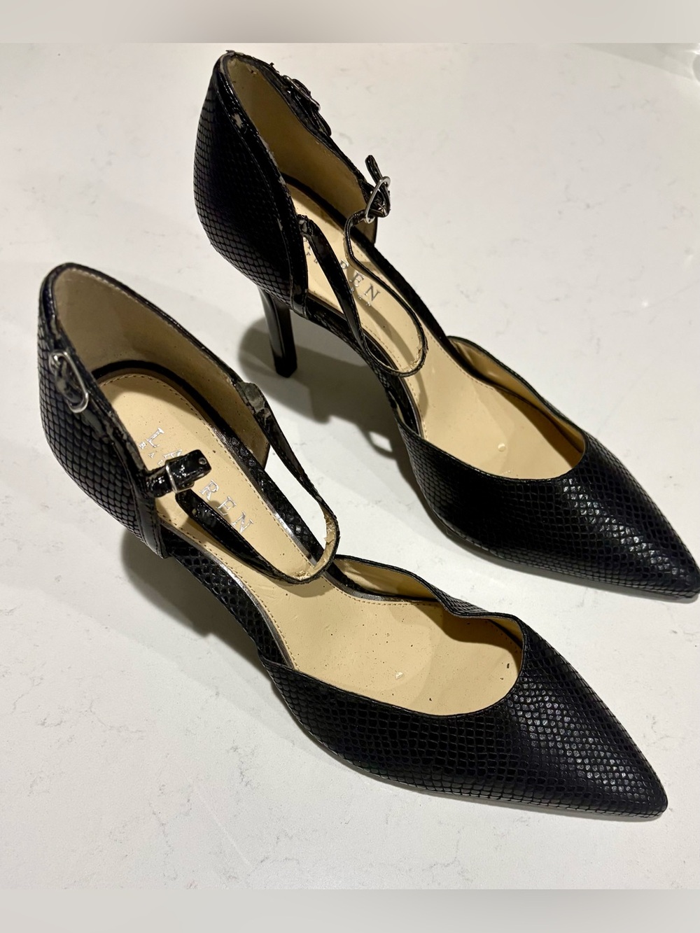 Lauren Ralph Lauren Black Sophia Snake Print Pumps, Size 8.5